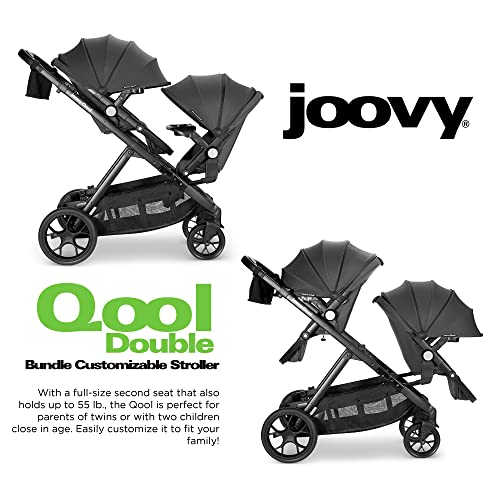 Joovy Qool Double Bundle Double Stroller with Reconfigurable Seats, Magnetic Safety Harness with Padding, UPF 50 Sun Canopy, and Large Storage Basket, Jet