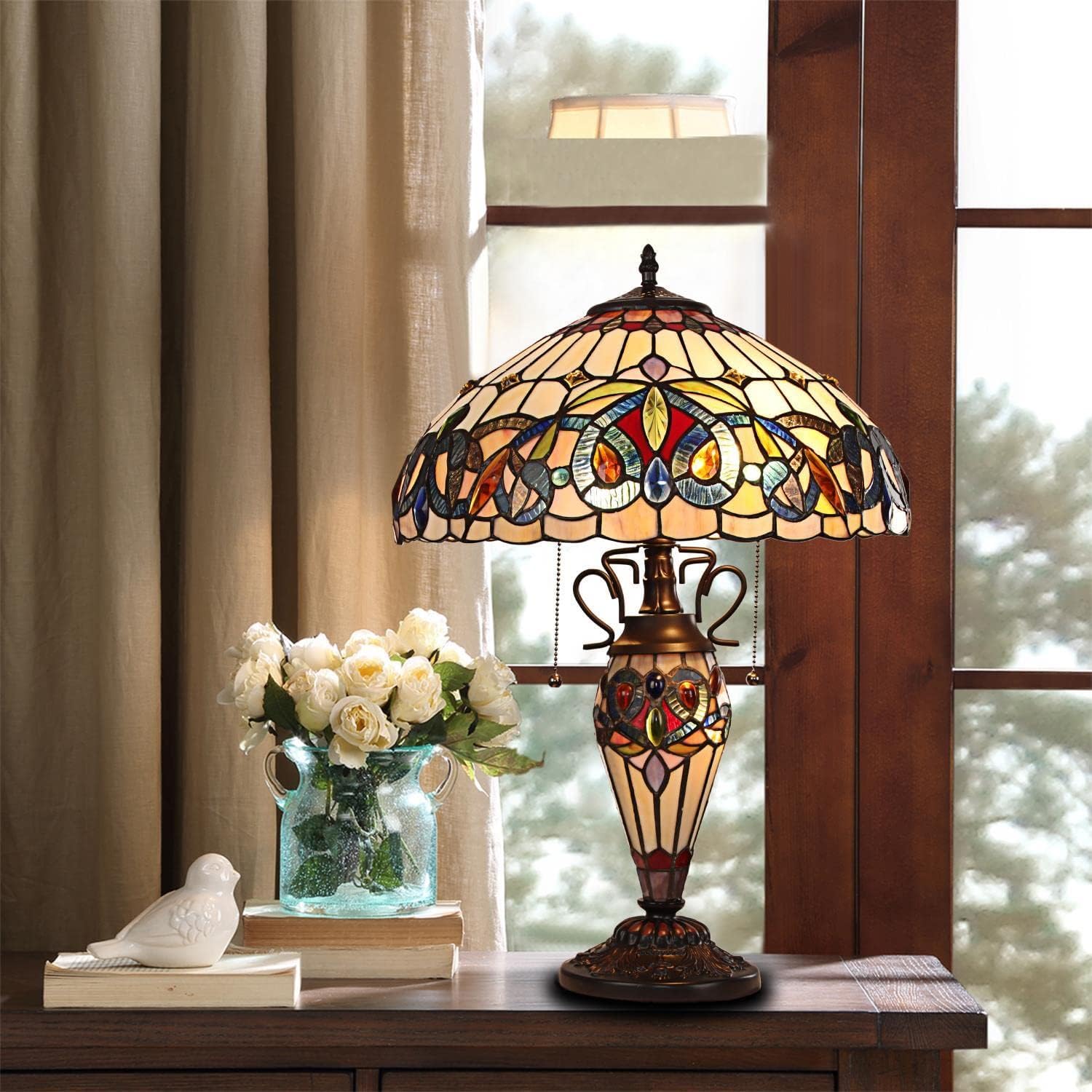 Chloe Lighting Serenity Victorian Tiffany-Style Dark Bronze 3 Light Double Lit Table Lamp 16" Wide