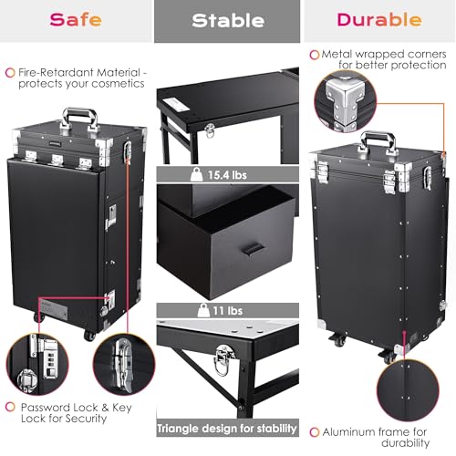 BYOOTIQUE Rolling Manicure Table Foldable Nail Table Makeup Train Case Tattoo Station Portable Nail Desk Workstation with 4 Drawers Mirror for Salon Travel, Black