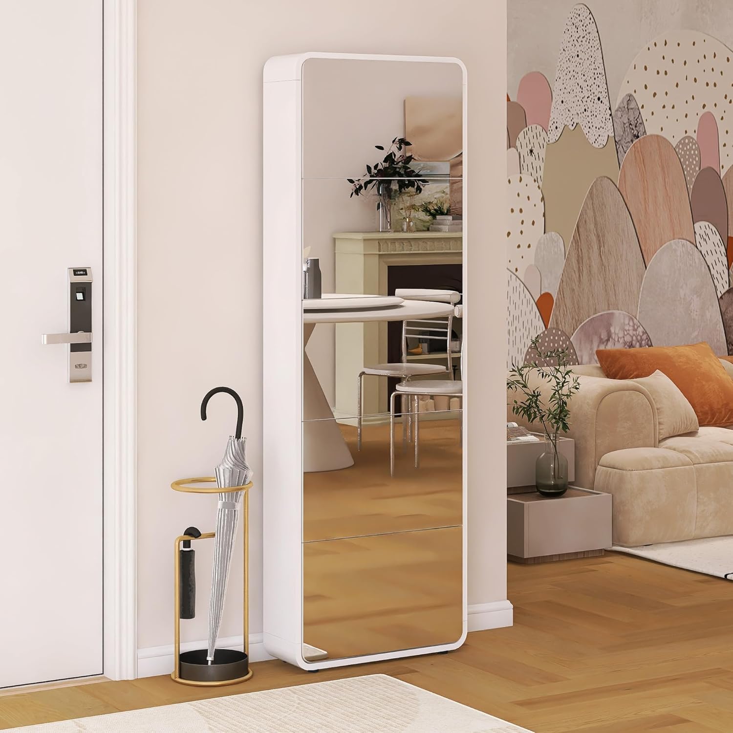 Arc Mirror Shoe Cabinet, FreeStanding Shoe Storage Organizer with Filp Drawers, 5 Tier Hidden Shoe Rack for Closet, Door, Entrance