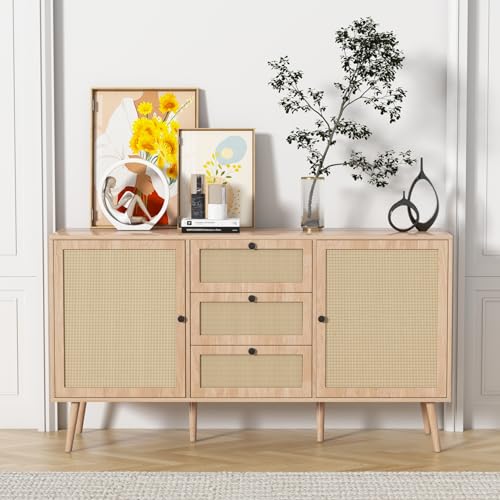 Rattan Sideboard Buffet Cabinet Boho Rattan Storage Cabinet with 2 Doors and 3 Drawers Accent Cupboard Console Table with Adjustable Shelves for Dining Living Room Kitchen