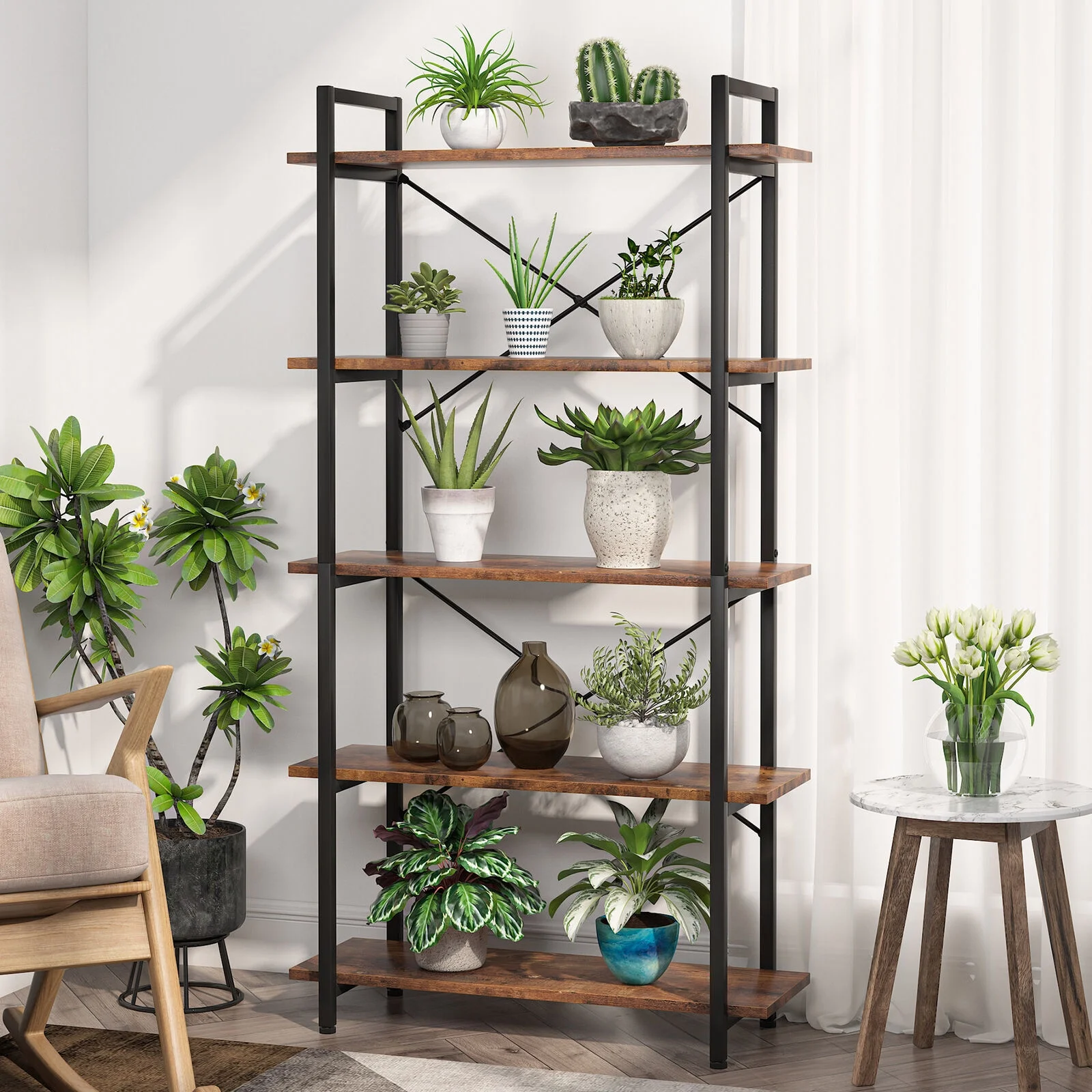 Tribesigns 5 Tier Shelf Unit for Living Room Office 62.99"H Rustic Brown Bookcase