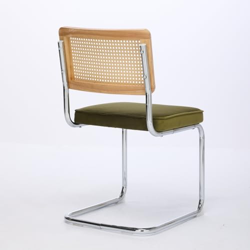 Mid-Century Modern Velvet Accent Dining Chairs Set of 2 - Natural Cane Rattan Back with Stainless Chrome Cantilever Base, Upholstered for Ultimate Comfort in Your Kitchen or Dining Room (Olive Green)