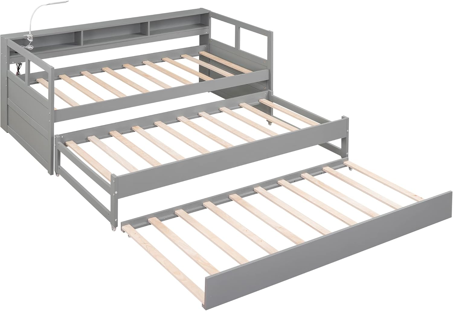 Bellemave Twin XL Daybed with 2 Trundle Beds Wood Platform Bed with Storage Headboard, Twin XL Day Bed Frame with USB Charging and Light for Bedroom and Living Room, Gray