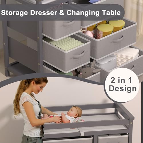 KORIMEFA Modern Baby Changing Table, Diaper Changing Table, with 6 Storage Drawers and Changing Pad, White