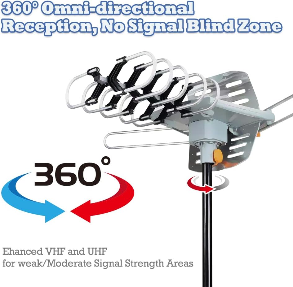 Outdoor TV Antenna,Digital Amplified HDTV Antenna 150 Mile Motorized 360 Degree Rotation,Wireless Remote Control,with Mount Pole 33 ft RG6 Coax Cable, Support UHF VHF 1080P 4K and 2TVs