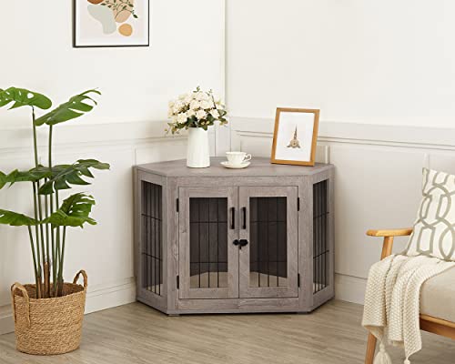 beeNbkks Furniture Dog Crate Corner, Dog Kennel Corner Wooden End Table with Cushion, Indoor Pet Crates Corner Side Table for Dogs, Wide Top Perfect for Limited Room(Large, Weathered Gray)