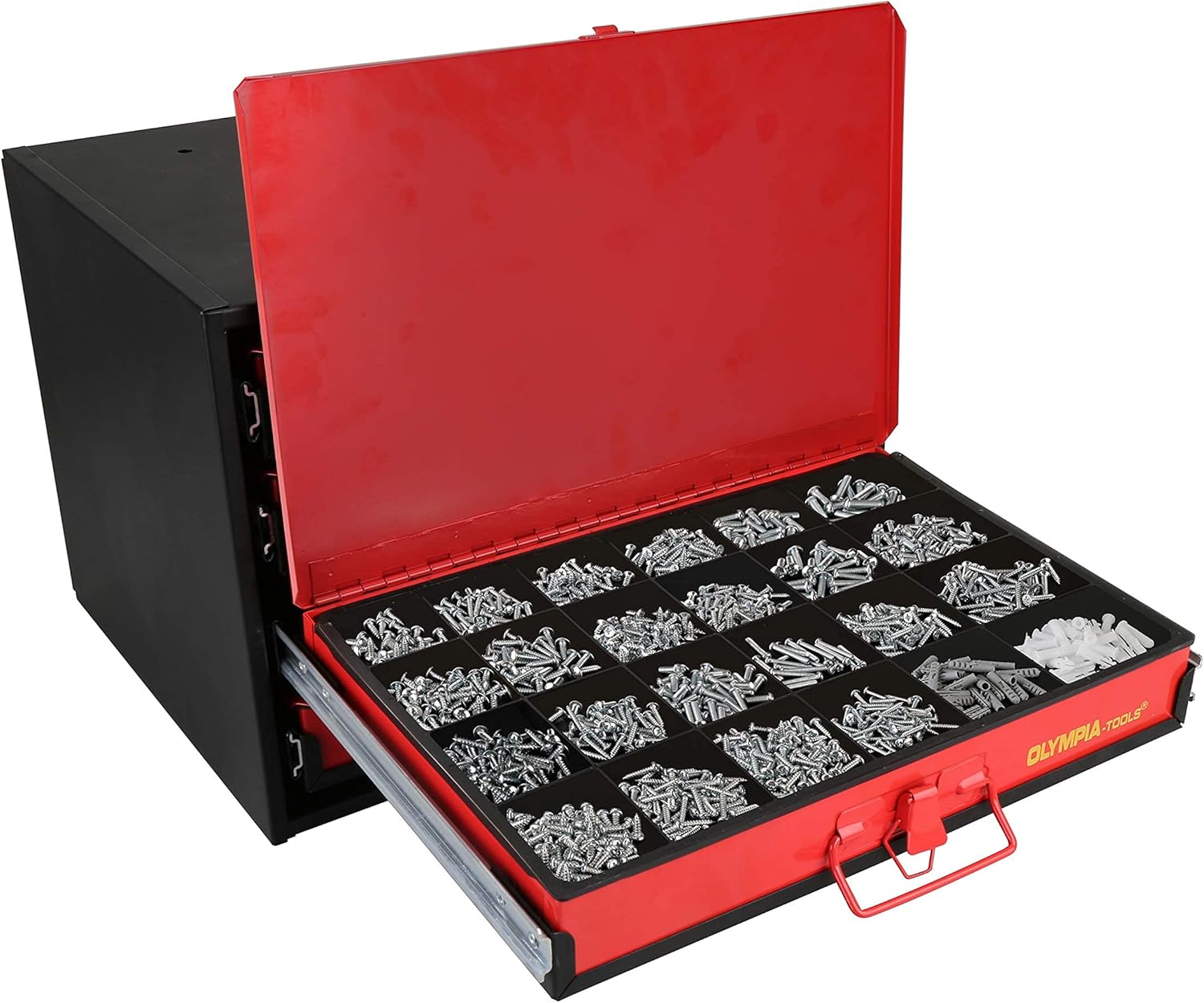 Olympia Tools 90-806 4-Drawer Hardware Organizer includes 2500-pieces Small Hardware, black/red
