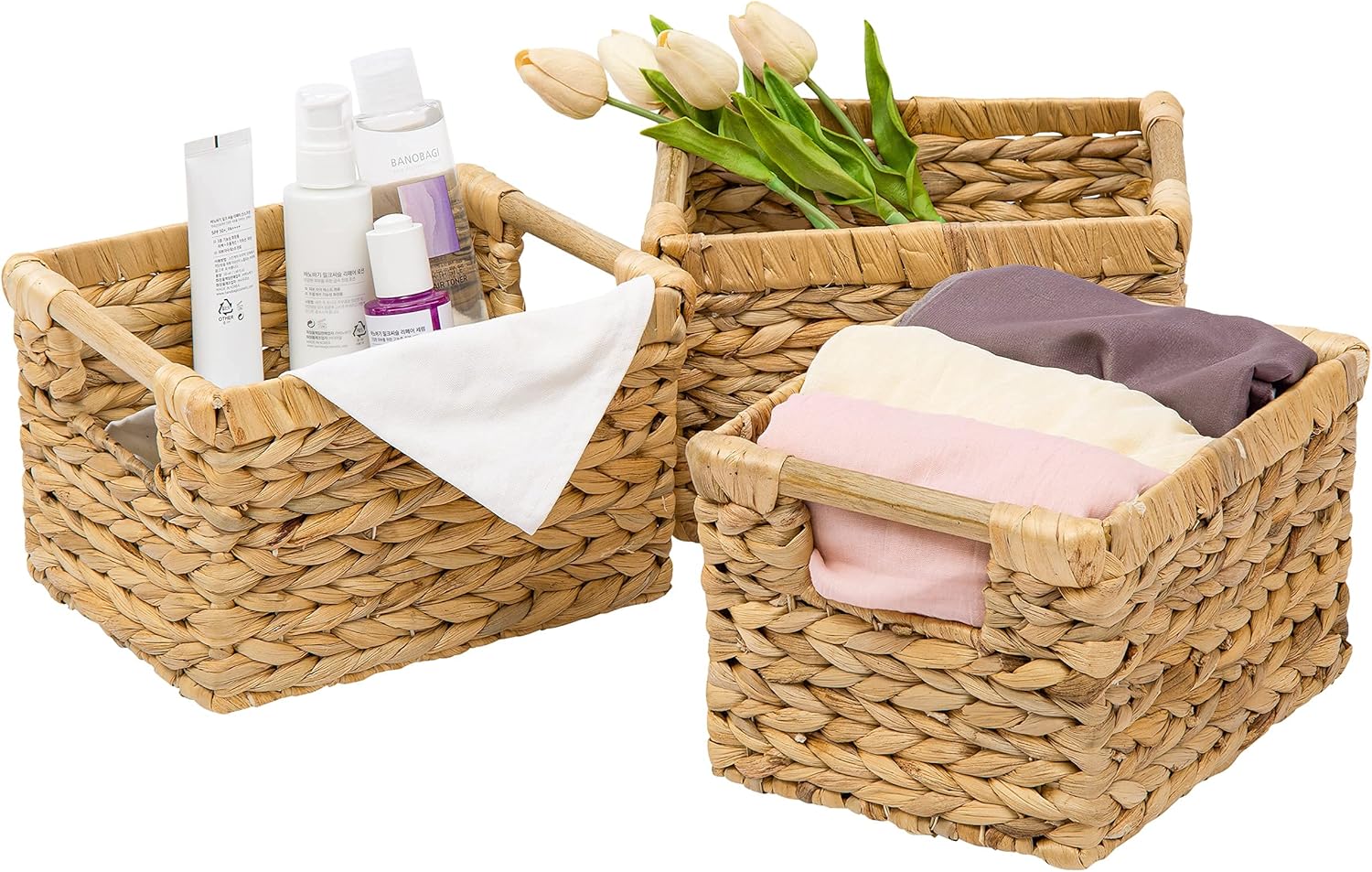 VATIMA Large Wicker Basket Rectangular with Wooden Handles for Shelves, Water Hyacinth Basket Storage, Natural Baskets for Organizing, Wicker Baskets for Storage 14.5 x 10.3 x 7.2 inches
