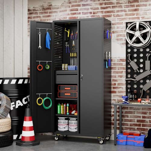 73" H Metal Storage Cabinet with Wheels, Garage Storage Cabinet with 4 Adjustable Shelves and Lockable Doors for Garage Home Office Utility Room,Required Assembly,Black