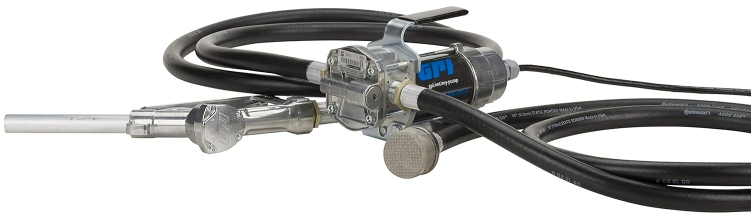 GPI - EZ-8 12v Fuel Transfer Pump, Manual Shut-Off Nozzle, 8 GPM Fuel Pump, 10' Hose, Power Cord, Adjustable Suction Pipe, Spin Collar (137100-05)