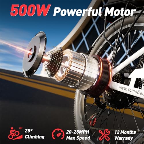 Electric Bike 500W Brushless Motor Electric City Cruiser Bicycle Up to 50 Miles 22MPH Removable Battery, 7-Speed and Dual Mechanical Disc Brakes, 24" Electric Commuter Bike for Adults
