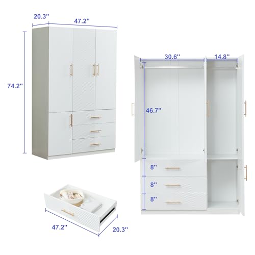 White 4 Doors 3 Drawers Large Closet Cabinet Wardrobe Armoire Bedroom Freestanding Clothes Storage Organizer with Hanging Rod & Shelves, Bathroom Wooden Organizer (20.3"D x 63"W x 74.2"H)