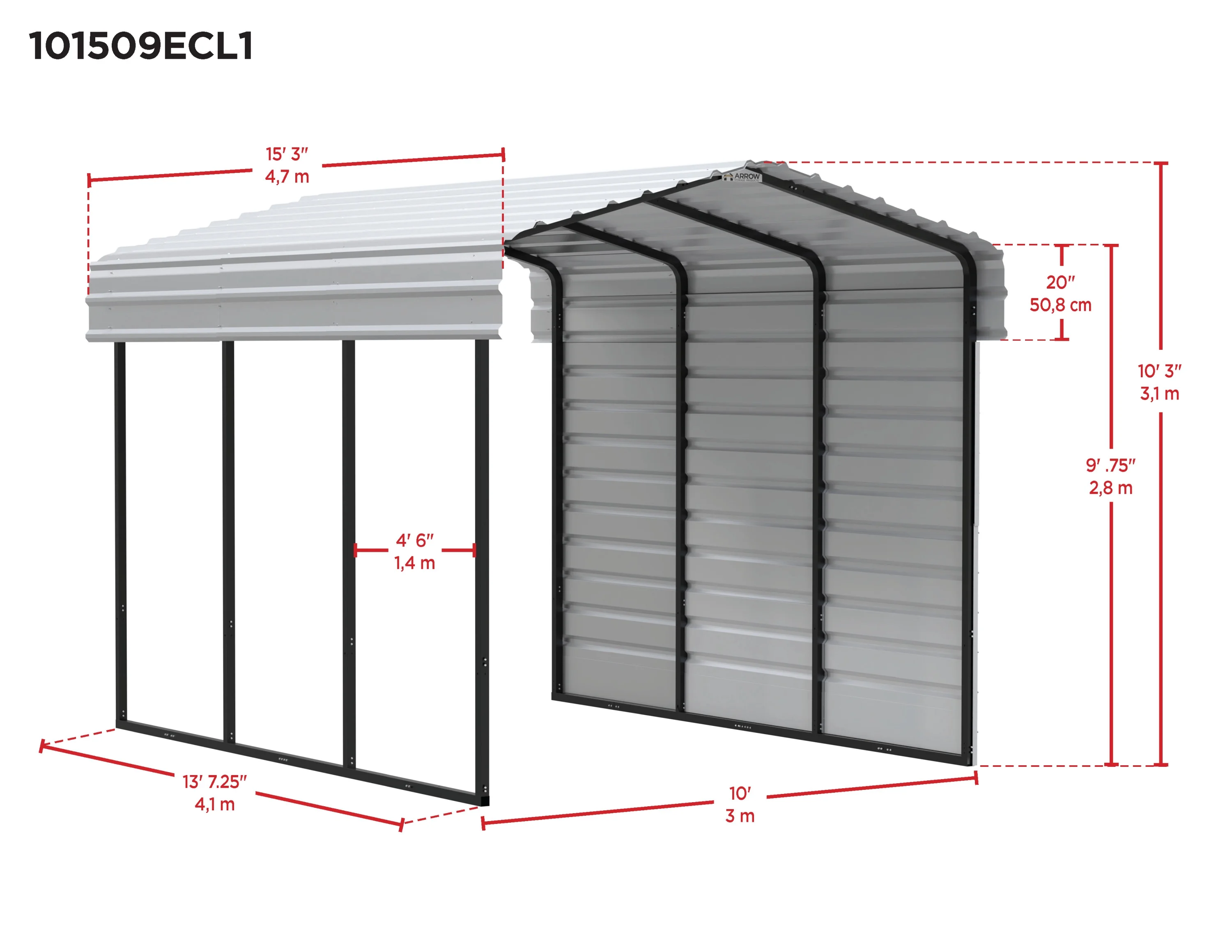 Arrow Carports Galvanized Steel Carport, with 1-Sided Enclosure, Compact Car Metal Carport Kit, 10' x 15' x 9' , Charcoal