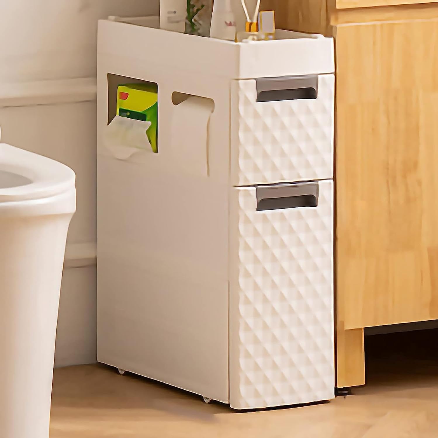 Small Bathroom Storage Cabinet with Moveable Drawers Slim Storage Tower with Wheels Drawer Cart Storage Tower Furniture Narrow Storage Drawer Cart Unit for Bedroom Hallway Closet Office Organizat