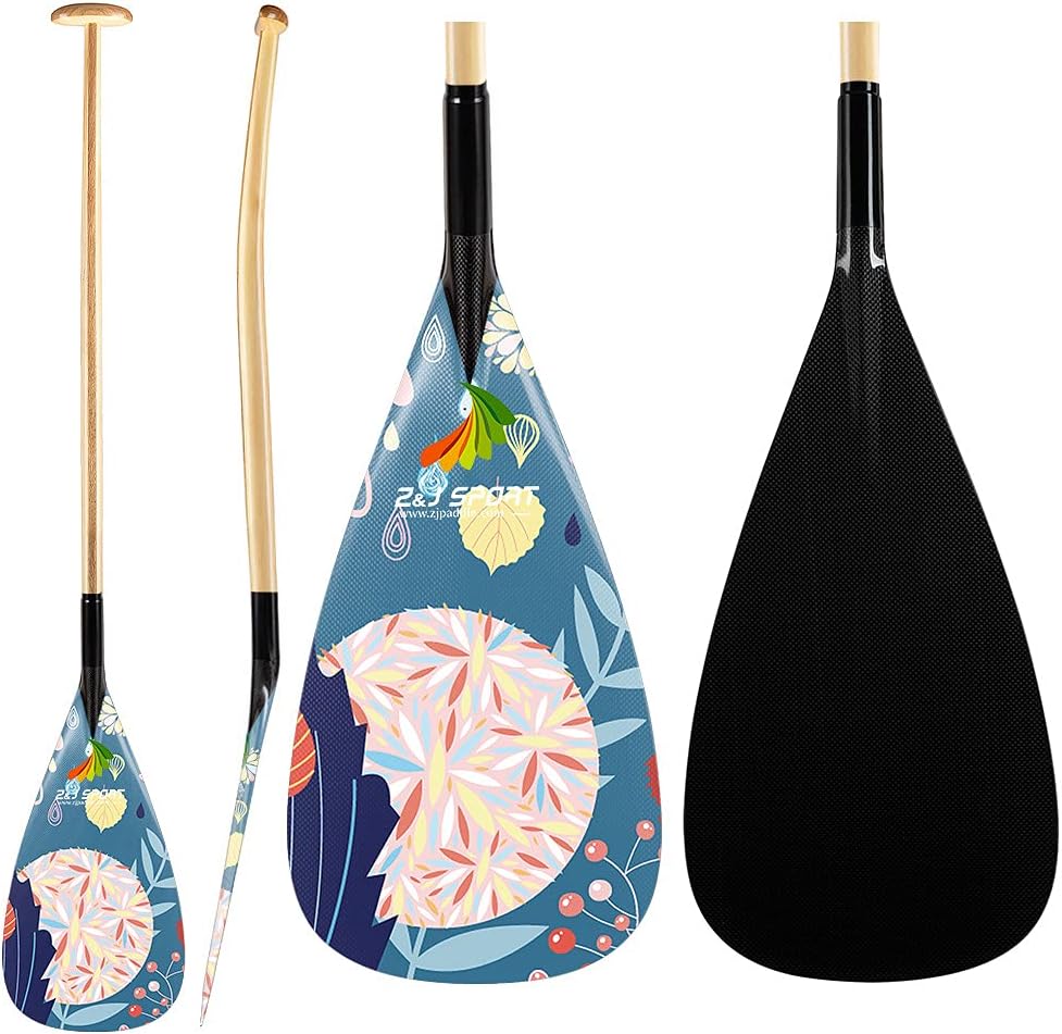 Z&J SPORT Outrigger Canoe Paddle, Tahiti Hybrid OC Paddle with Graphics Carbon Blade and Wood Bent Shaft 12 Degree