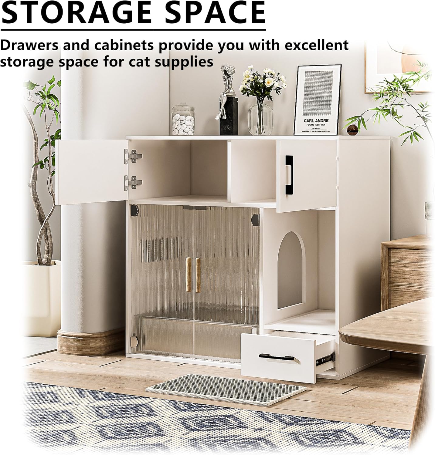 Cat Litter Box Enclosure Furniture Style White Cat Cabinet Side Table with Storage Space for Living Room, 37.4'' x 19.7'' x 35.4''