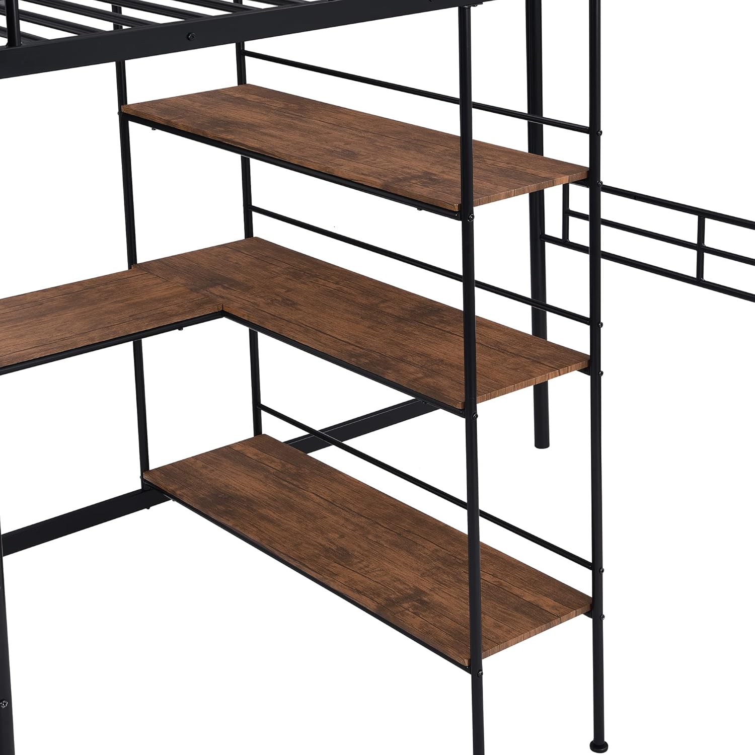 Twin Size Loft Bed with Built-in Desk and Shelves, Metal High LoftBed Frame w/Large Storage Space for Bedroom Guest Room Dorm, Black