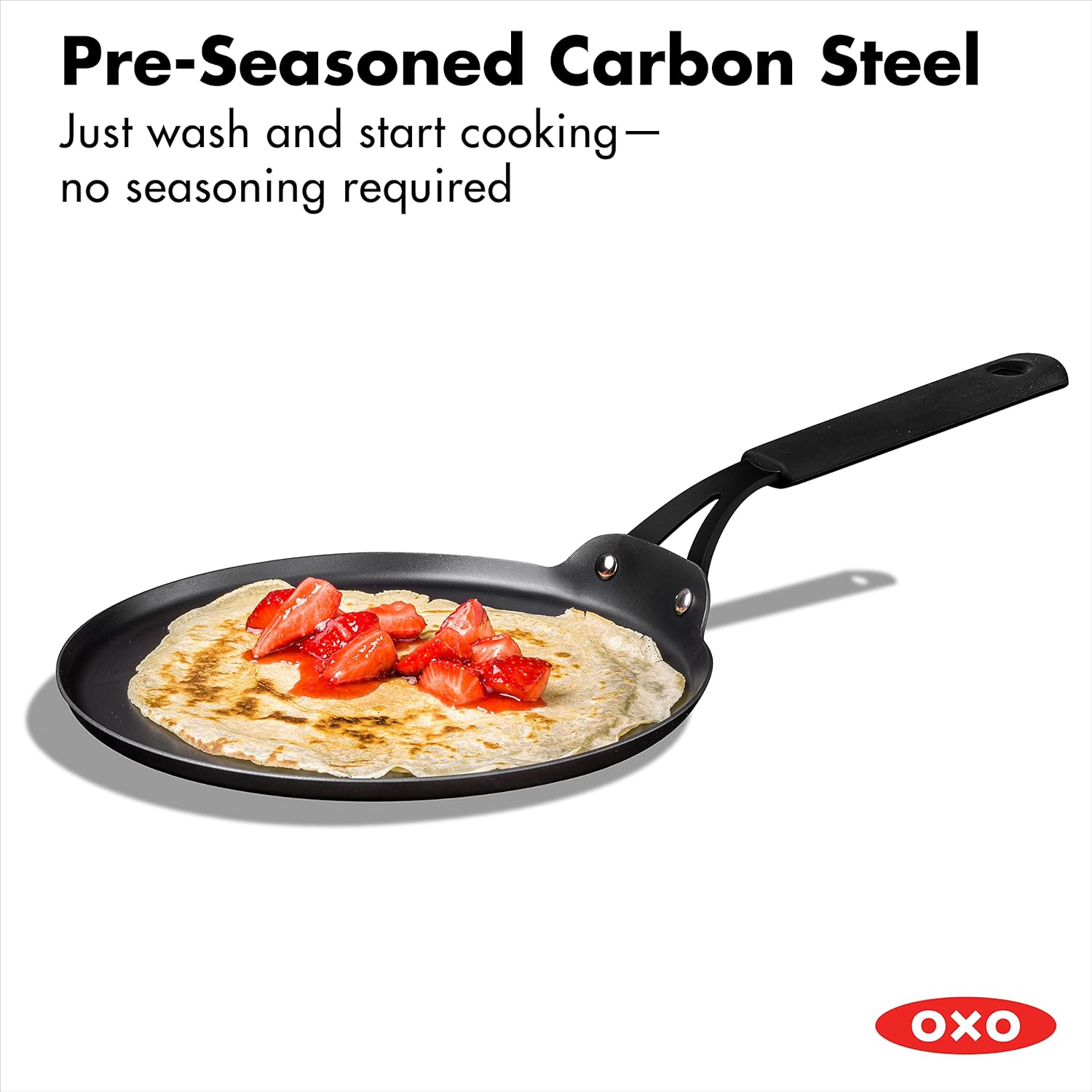 OXO Obsidian Pre-Seasoned Carbon Steel Induction Safe 12 Outdoor Frying Pan/Skillet with Silicone Sleeve, Black