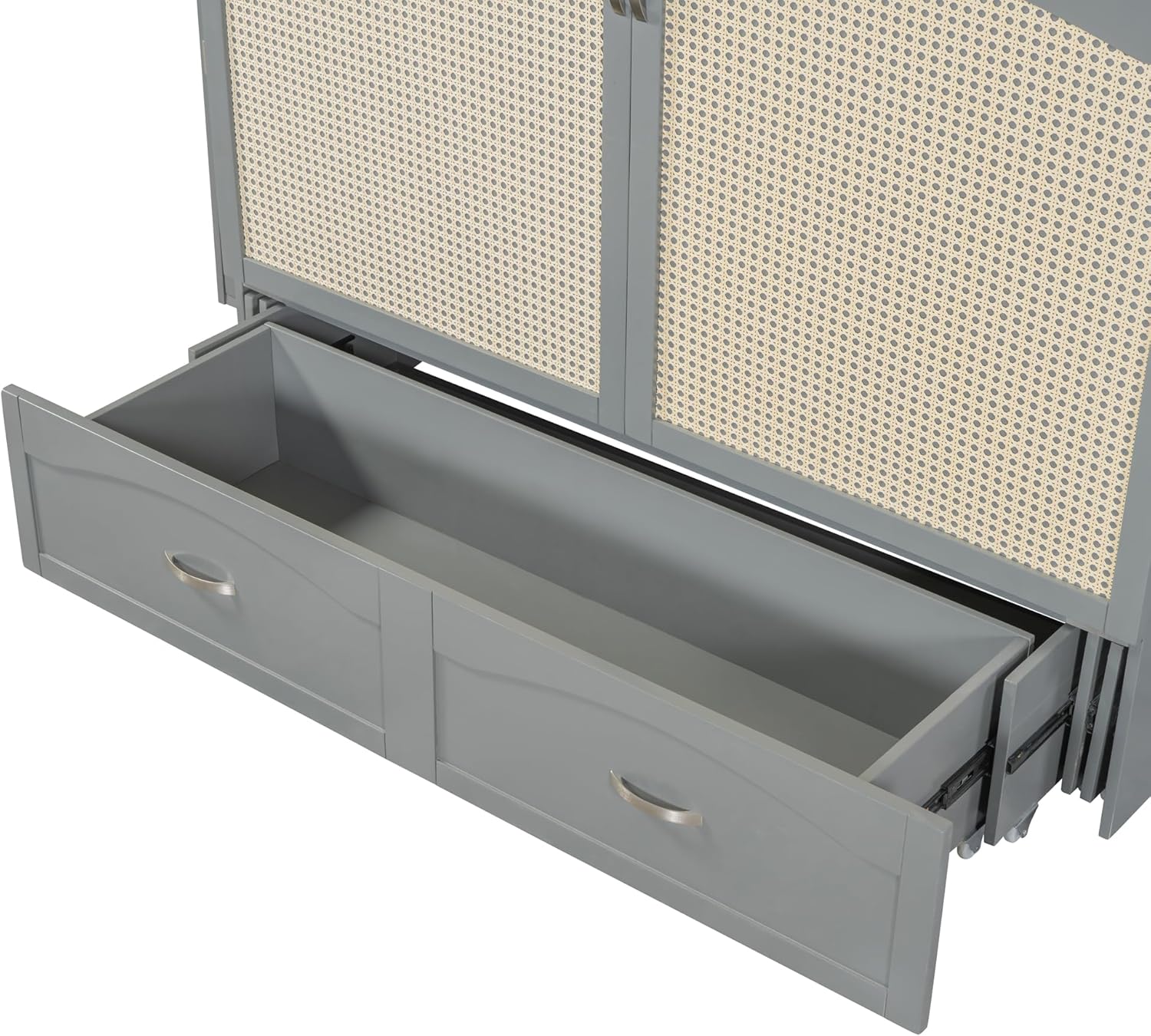 Queen Size Murphy Bed with Storage Drawer, Rattan Decoration with 2 Cabinets, Sockets and USB Ports, Pulley Structure Design Space Saving Foldable Bedframe for Bedroom Guest Room, Gray