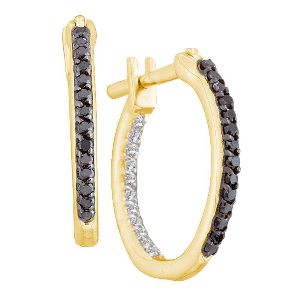 10k Yellow Gold Round Black Diamond Hoop Earrings 1/4 Cttw