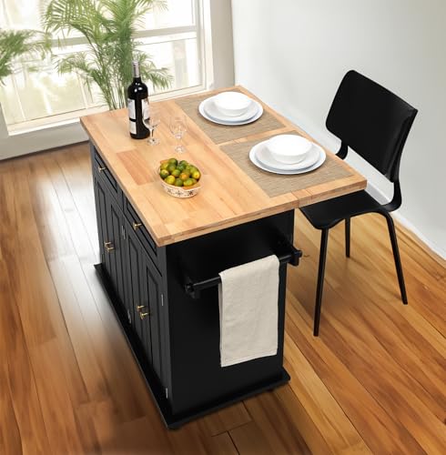 Finnhomy Rolling Kitchen Island With Drop Leaf, Thicken Rubberwood Top, Spice Rack, Towel Rack, Drawer, 43.3" Portable Mobile Kitchen Island Carts Table, Storage Cabinet, Both Wheels and Feet Included