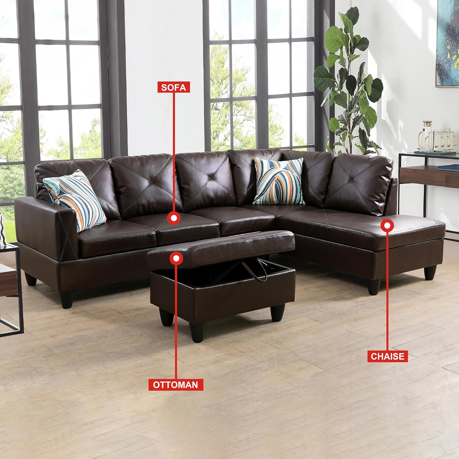 Sectional Sofa for Living Room Furniture Set with Chaise, Wear-Resistant Faux Leather, L-Shaped Couch for Modern Homes, Right, Brown