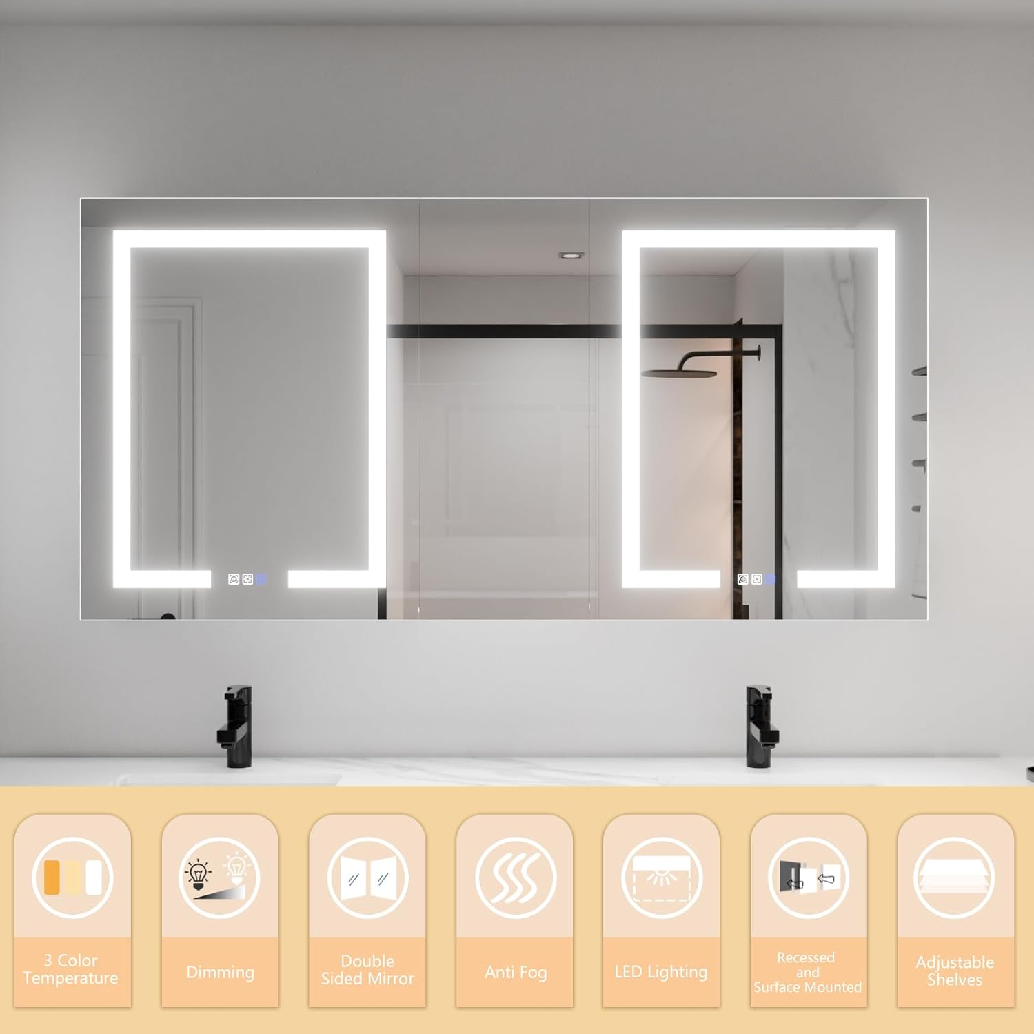 ExBrite LED Lighted Bathroom Medicine Cabinet with Mirror, 60 x 30 Inch, led Medicine Cabinet with Extra Closed Storage Cabinet,Defog, Stepless Dimming,Color Temper Change, 2 Outlets,Storage Shelves