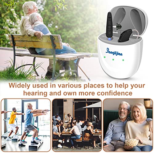 Banglijian Hearing Aids Rechargeable RIC Hearing Aids for Seniors Adults, 12 Channels Hearing Aid with Magnetic Contact Charging Box Digital Noise Cancelling and Feedback Cancellation (Pair, Beige)