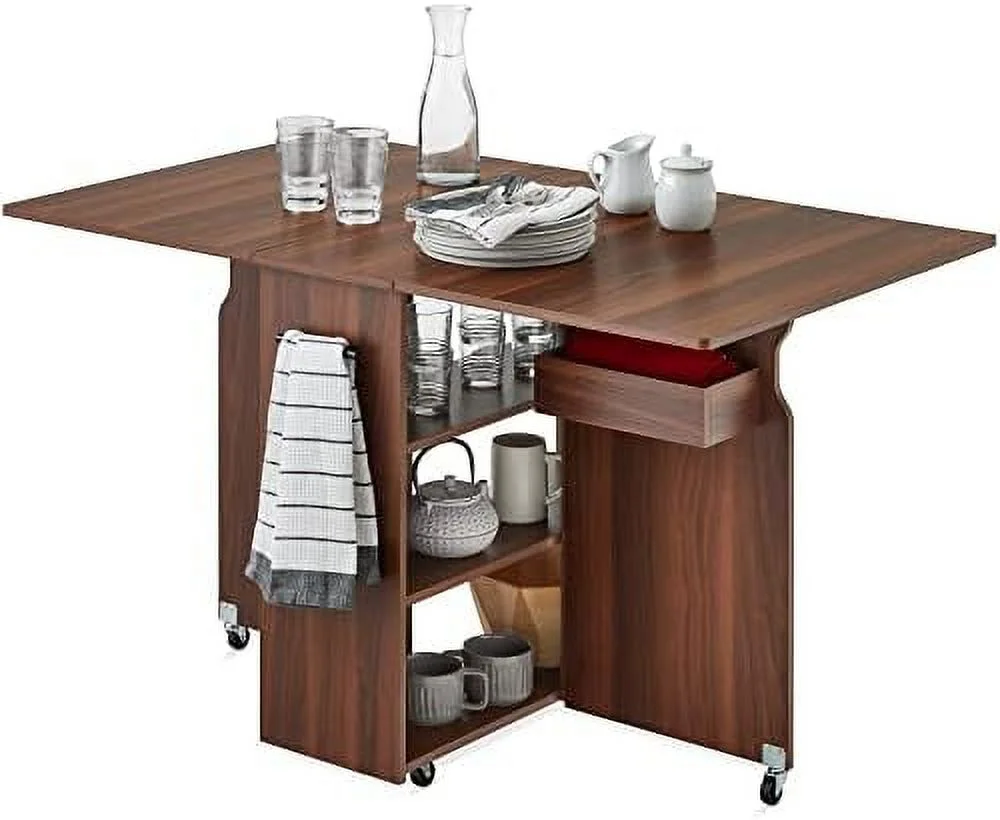 HJZUINIUNIU Folding Dining Table  Multipurpose Collapsible Drop Leaf Extension  Versatile Space Saving Desk  w/Wheels  3  Shelves  Metal Handle - Brown