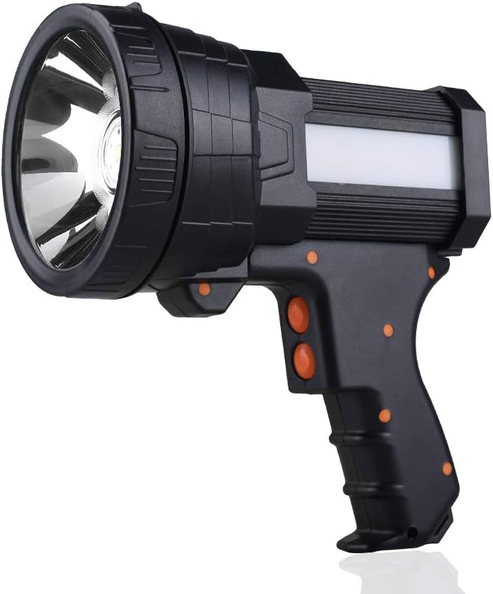 YIERBLUE Rechargeable spotlight, Super Bright 10000 Lumen LED Handheld spotlight 10000mAh Long Lasting Large Flashlight Searchlight and Flood Camping Flashlight with Foldable Tripod(Silver) Pack of 2