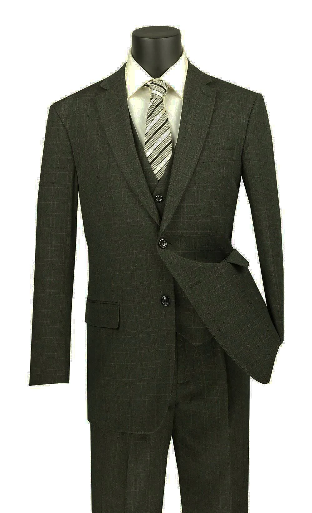 Vinci Men&s Olympia Collection - Glen Plaid Regular Fit Suit 3 Piece Olive 46 Long - 40 Waist / Olive