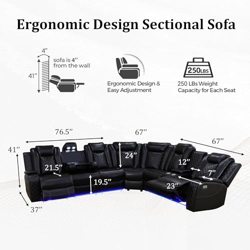 Leather Power Recliner Sectional Sofa with LED, Power Reclining Sectional Couch, Breathing Leather Sofa Couch with USB Port&Cup Holder for Living Room (Living Room Set,Cream White)