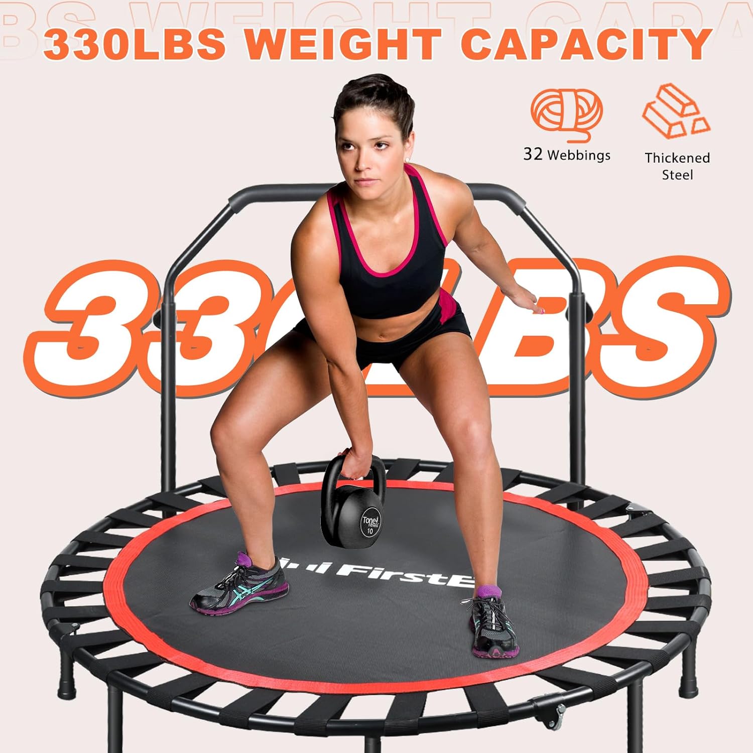 48" Bungees Rebounder Trampoline for Adults, 330LBS Fitness Trampoline Foldable Mini Trampoline,3 Level Adjustable Foam Handle, Stable & Silent Exercise Trampoline for Adults Indoor Workout