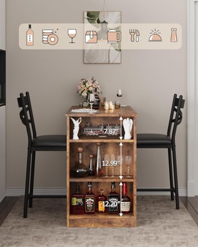 GAOMON 3 Piece Bar Table Set for 2, Bar Table and Chairs Set with with Flip Top Extension, Dining Table Set with Storage Shelves, Suitable for Small Space Kitchen Apartment, Grey