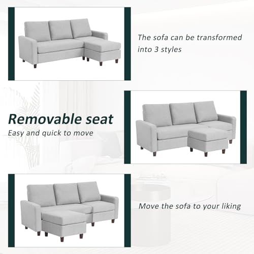 Babion 79" Convertible Sectional Sofa Couch, Linen Fabric L-Shaped Couch 3-Seat Sofa with Removable Ottoman for Living Room, Apartment and Compact Spaces, Light Gray