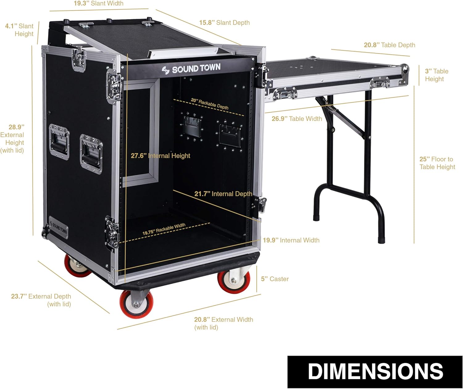 Sound Town 14U PA DJ Rack/Road ATA Case with 11U Slant Mixer Top, 20���� Rackable Depth, DJ Work Table and Casters, 14 Space Size, Pro Tour Grade (STMR-14UWT)
