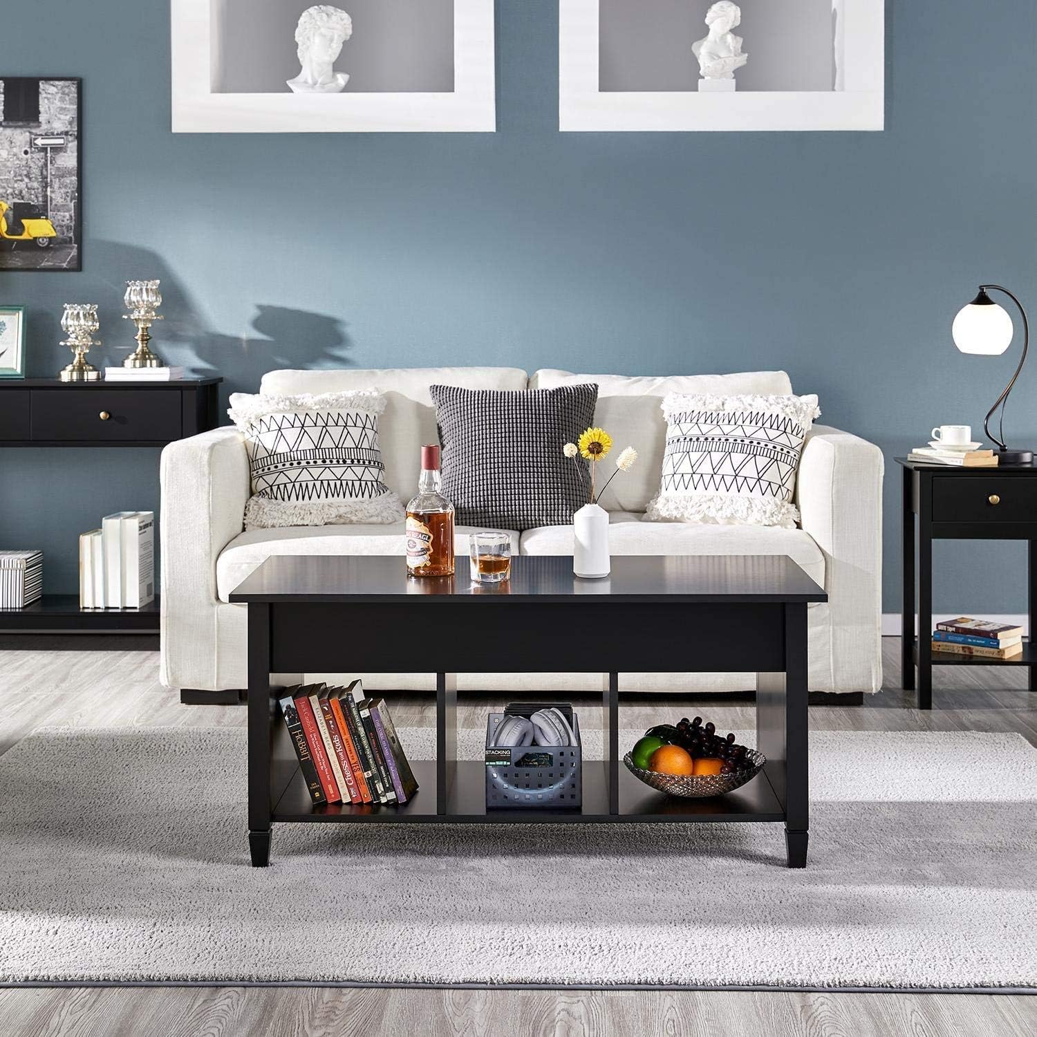 Coffee Table Lift Top Wood Home Living Room Modern Lift Top Storage Coffee Table w/Hidden Compartment Lift Tabletop Furniture, with 3 Hidden Compartment Storage Shelf (Black)