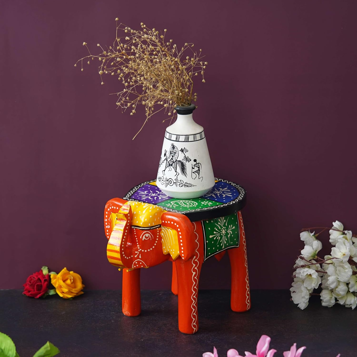 Aashvi Craft Handcrafted and Emboss Painted Colorful Wooden Elephant Shape Stool Table Clourfull -05, Medium