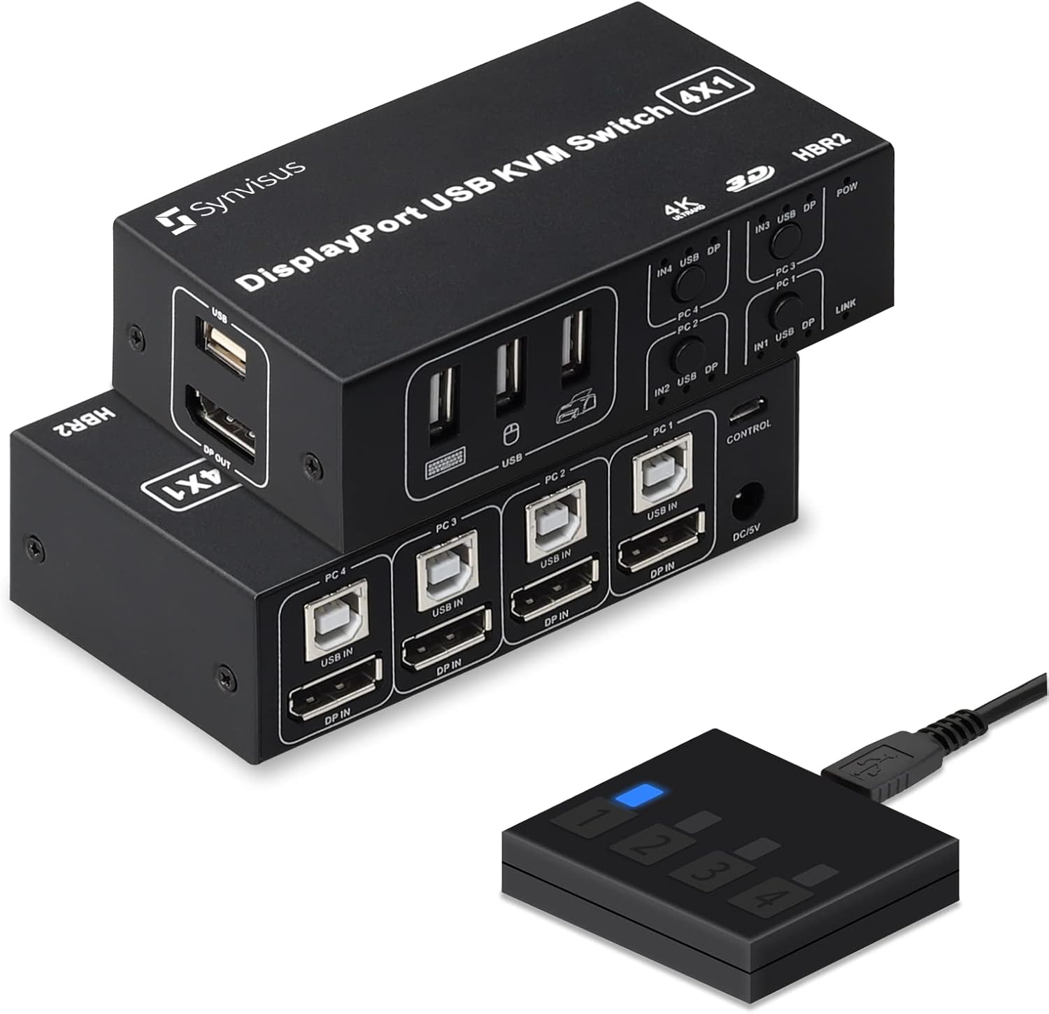 Synvisus DisplayPort KVM Switch 4 Port 3D UHD 4K@60Hz, 2K@120Hz 4 in 1 Out USB and DP1.2 KVM Switcher, with 4 USB Cables