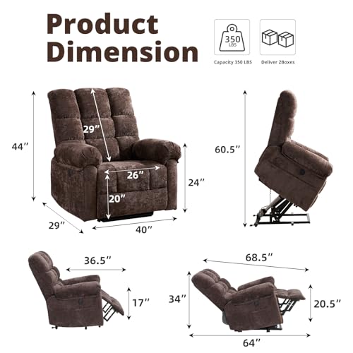 Oversized Power Lift Recliner Chair for Elderly, Extra Wide Lift Chair with Masssage and Heat, Chenille Electric Recliner Chairs for Big and Tall, USB Ports, Coffee