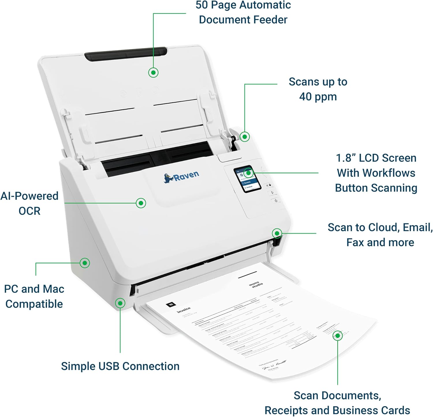Raven Select Document Scanner for Windows PC and Mac Computer, Color, Two Sided Duplex, Auto Document Feeder (ADF), Scan to Cloud, Home or Office Desktop, USB