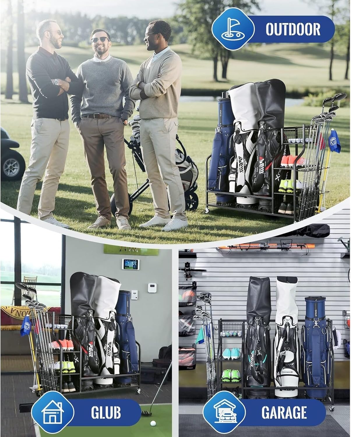 3 Full Size Golf Bags Storage, Golf Organizer, Sports Equipment Garage Rack