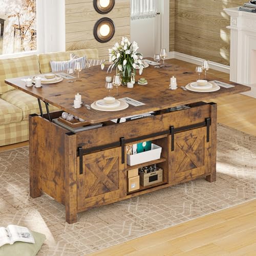 SEDETA Lift Top Coffee Table, 4 in 1 Multi-Function Convertible Coffee Tables with Storage and Hidden Compartment, Farmhouse Coffee Table Converts to Dining Table for Living Room, Grey