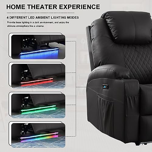 Power Recliner Chair with Heat and Massage, PU Leather Home Theater Seating w/LED Lights/Cup Holders/Side Pocket/USB Port, Lazy Boy Reclining Sofa Chair for Living Room (2, Brown)