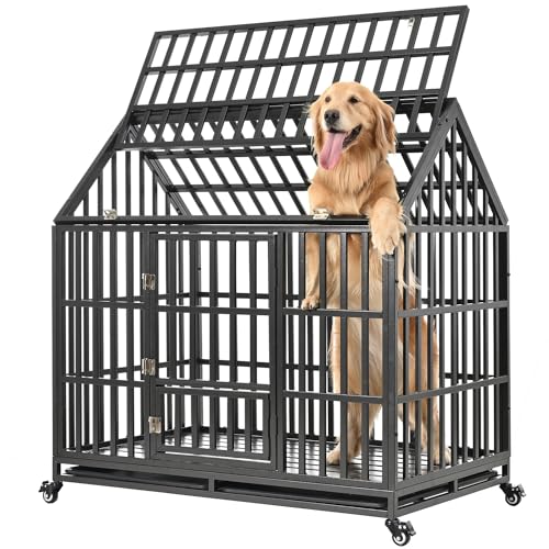 Heavy Duty Dog Crate Dog Cage, Indestructible Metal Dog Kennel Lockable for Medium Large Dogs with Sturdy Door Lock and Removable Trays, Roof Top Access, 47 Inch