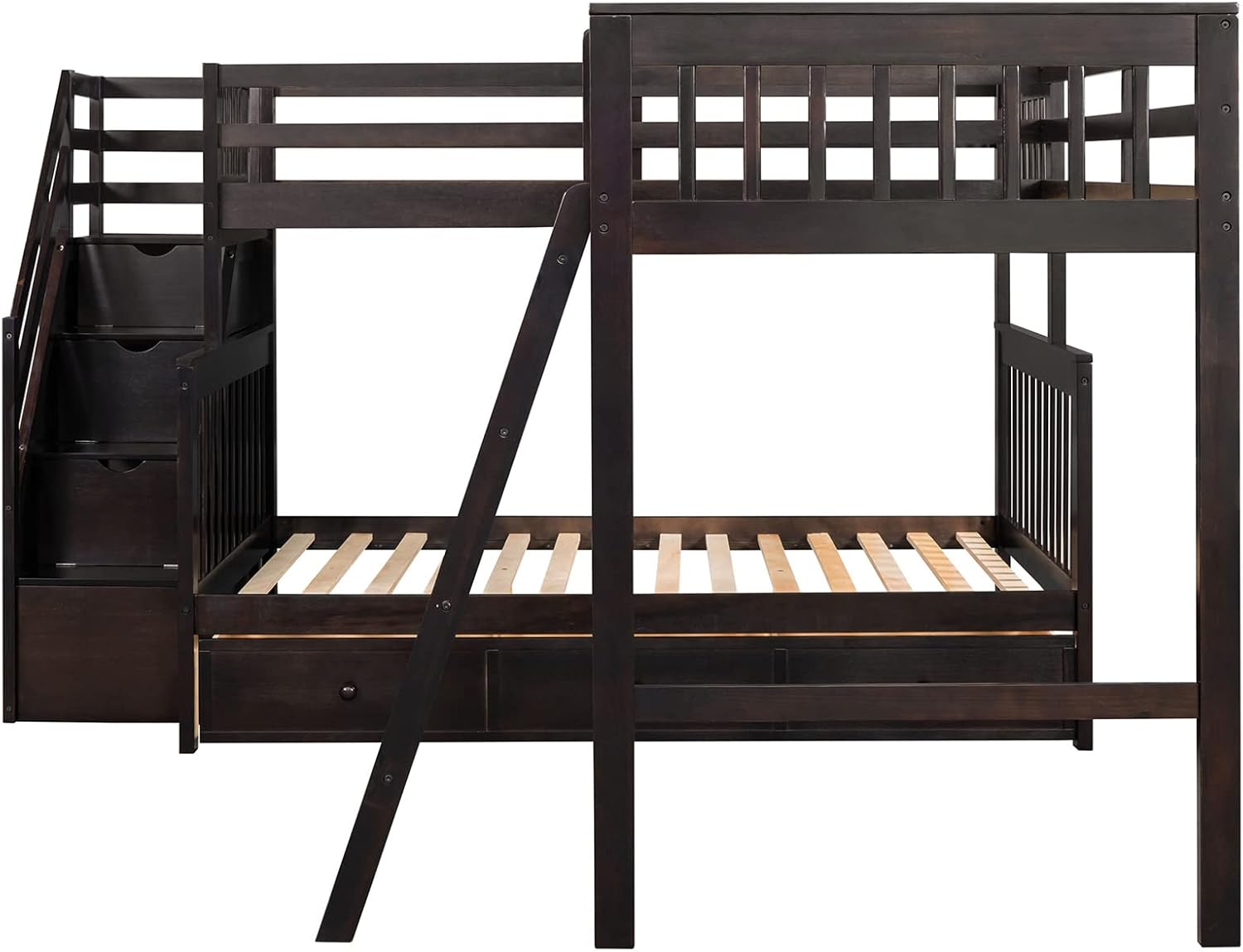 Bellemave L-Shape Triple Bunk Beds with Stairs and Storage Drawers Twin Over Full Bunk Bed Attached a Loft Bed with Drawers Wood Corner Bunked for 3 Kids Boys Girls Teens, Espresso