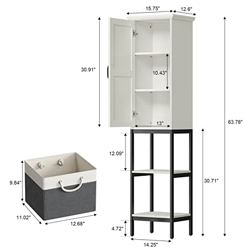Linen Cabinet, Tall Narrow Slim Storage Cabinet with Storage Basket, Linen Tower with Barn Door and 5 Shelves Freestanding Floor Storage Cabinet for Bathroom Living Room Kitchen (Grey)