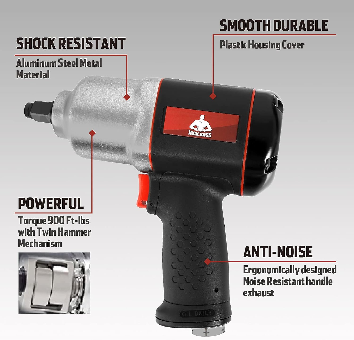 Jack Boss 1/2-Inch Drive Air Impact Wrench 664 ft-lbs Powerful Torque Pneumatic Impact Wrench Twin Hammers with 8 Sockets &Case