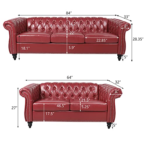 2 Pieces of Living Room Furniture Chesterfield Sofa Sets, Velvet Chesterfield Sofa&Chesterfield Club Chair Sofas Set with Nailhead Trim Scroll Arms(Green)